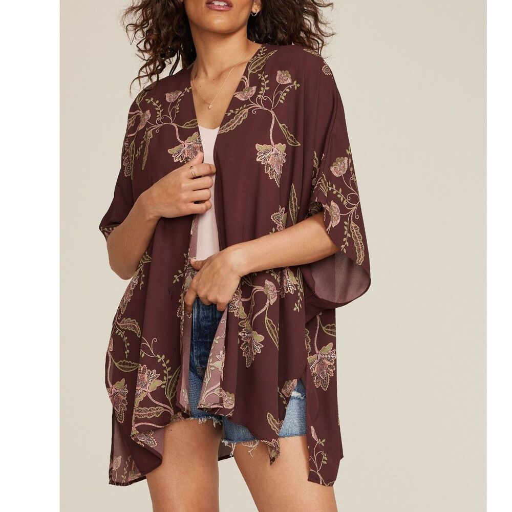 Maurices Floral Kimono Burgandy Floral Print Women's One Size